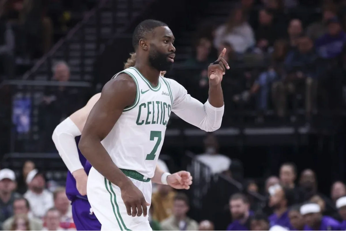 Dec 30, 2025; Salt Lake City, Utah, USA; Boston Celtics guard Jaylen Brown (7) reacts after a play against the Utah Jazz during the second half at Delta Center. Mandatory Credit: Rob Gray-Imagn Images