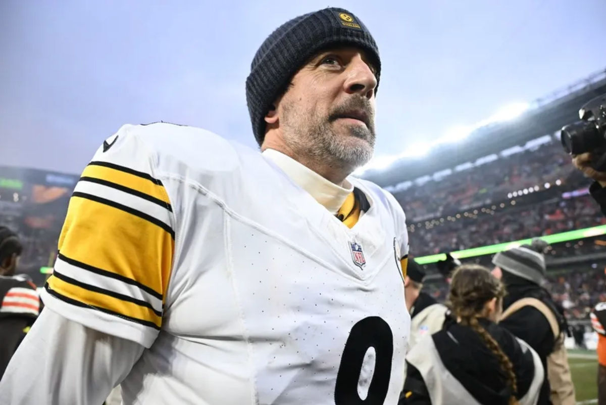 Dec 28, 2025; Cleveland, Ohio, USA; Pittsburgh Steelers quarterback Aaron Rodgers (8) looks on after the game against the Cleveland Browns at Huntington Bank Field. Mandatory Credit: Ken Blaze-Imagn Images