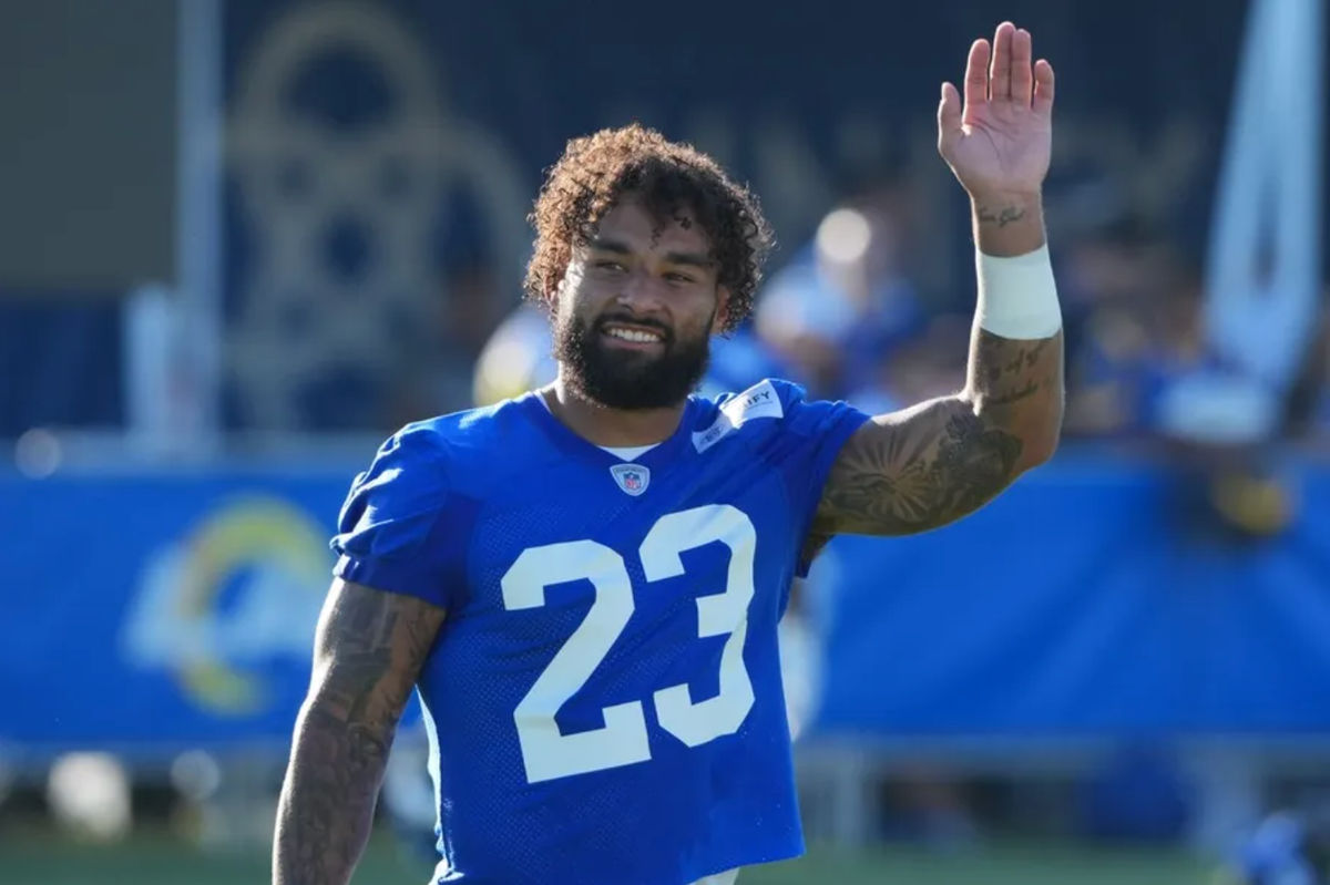 Jul 23, 2025; Los Angeles, CA, USA; Los Angeles Rams running back Kyren Williams (23) during training camp at Loyola Marymount University. Mandatory Credit: Kirby Lee-Imagn Images