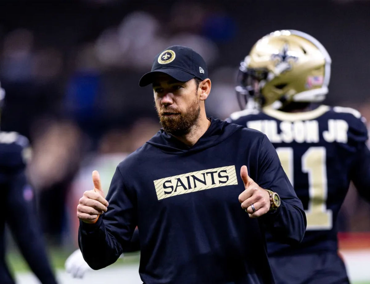 Sep 8, 2024; New Orleans, Louisiana, USA; New Orleans Saints offensive coordinator Klint Kubiak reacts against the Carolina Panthers during the pregame at Caesars Superdome. Mandatory Credit: Stephen Lew-Imagn Images