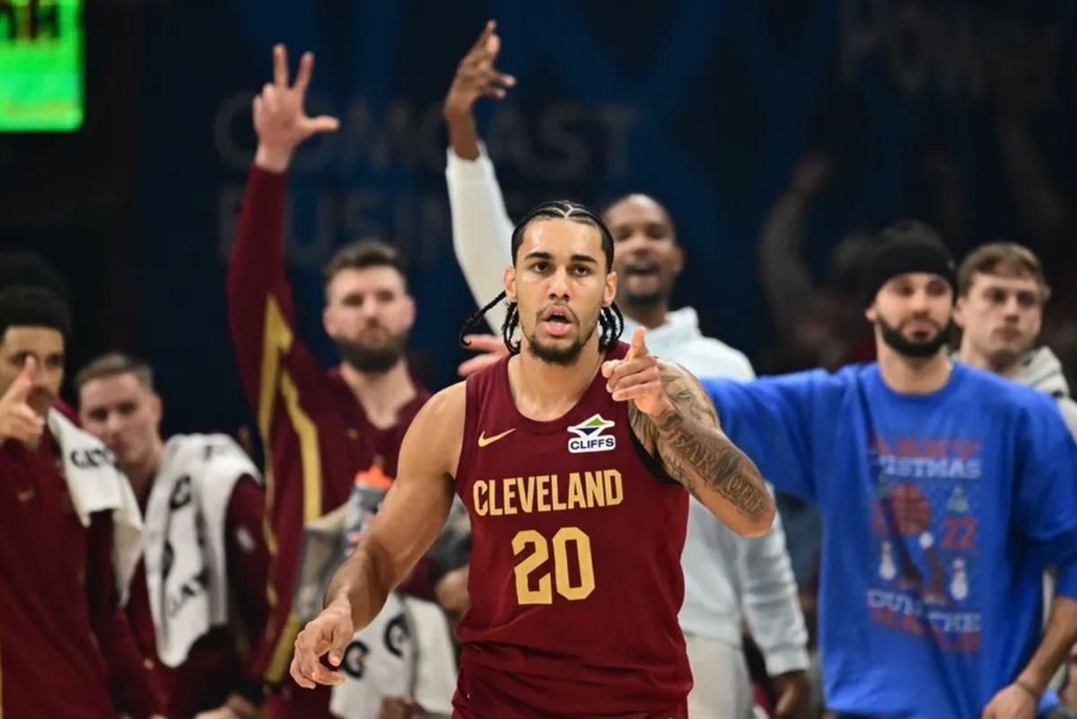 Dec 23, 2025; Cleveland, Ohio, USA; Cleveland Cavaliers guard Jaylon Tyson (20) celebrates after hitting a three point basket against the New Orleans Pelicans during the first half at Rocket Arena. Mandatory Credit: Ken Blaze-Imagn Images