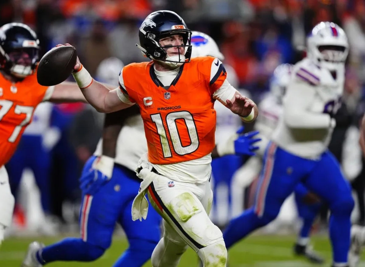 Jan 17, 2026; Denver, CO, USA; Denver Broncos quarterback Bo Nix (10) throws during the fourth quarter of an AFC Divisional Round playoff game against the Buffalo Bills at Empower Field at Mile High. Mandatory Credit: Ron Chenoy-Imagn Images