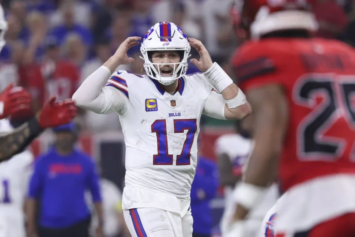 Nov 20, 2025; Houston, Texas, USA; Buffalo Bills quarterback Josh Allen (17) signals at the line of scrimmage during the second half against the Houston Texans at NRG Stadium. Mandatory Credit: Troy Taormina-Imagn Images