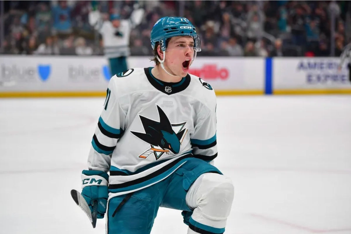 Jan 7, 2026; Los Angeles, California, USA; San Jose Sharks center Macklin Celebrini (71) celebrates his goal scored against the Los Angeles Kings during the third period at Crypto.com Arena. Mandatory Credit: Gary A. Vasquez-Imagn Images