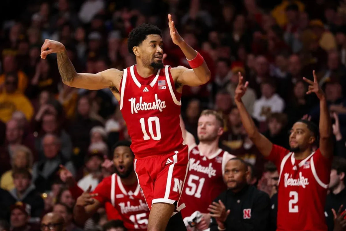 Jan 24, 2026; Minneapolis, Minnesota, USA; Nebraska Cornhuskers guard Jamarques Lawrence (10) celebrates his three-point basket against the Minnesota Golden Gophers during the second half at Williams Arena. Mandatory Credit: Matt Krohn-Imagn Images