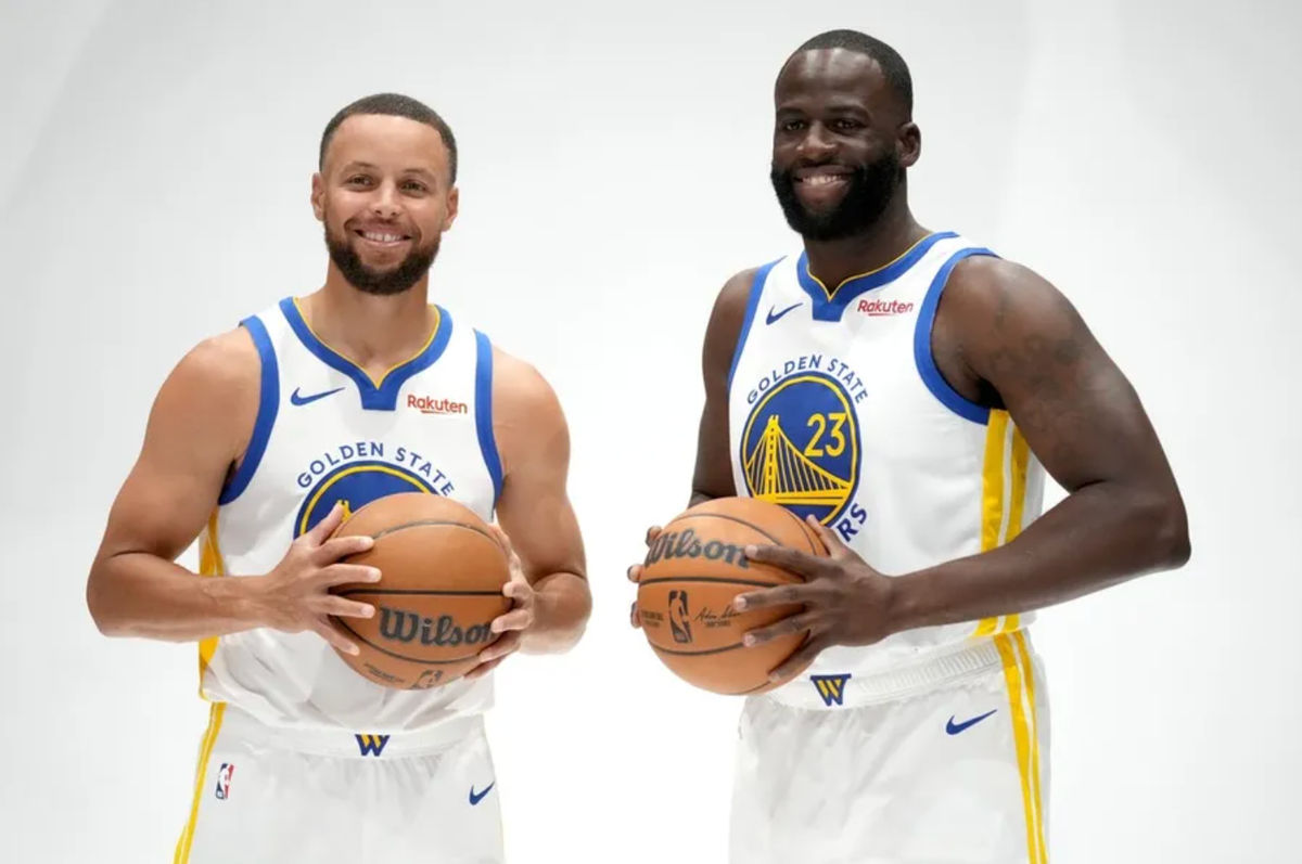 Sep 29, 2025; San Francisco, CA, USA; Golden State Warriors guard Stephen Curry (30) and forward Draymond Green (23) pose for a photo during Media Day at the Chase Center. Mandatory Credit: Cary Edmondson-Imagn Images