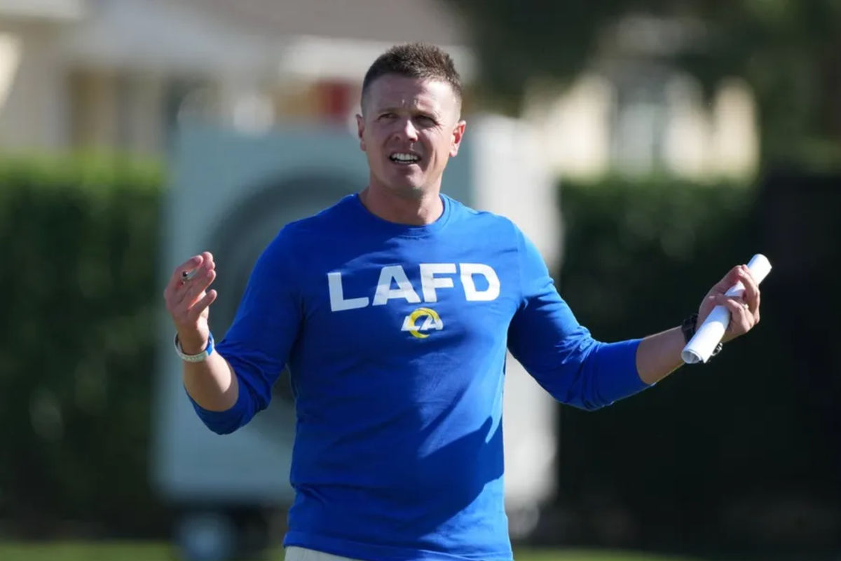 Jul 23, 2025; Los Angeles, CA, USA; Los Angeles Rams offensive coordinator Mike LaFleur during training camp at Loyola Marymount University. Mandatory Credit: Kirby Lee-Imagn Images