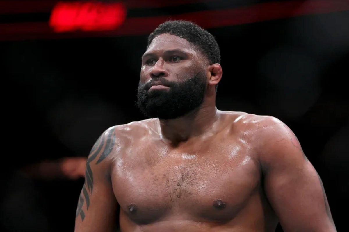 Mar 9, 2024; Miami, Florida, USA; Curtis Blaydes reacts after defeating Jailton Almeida during UFC 299 at Kayesa Center. Mandatory Credit: Sam Navarro-Imagn Images