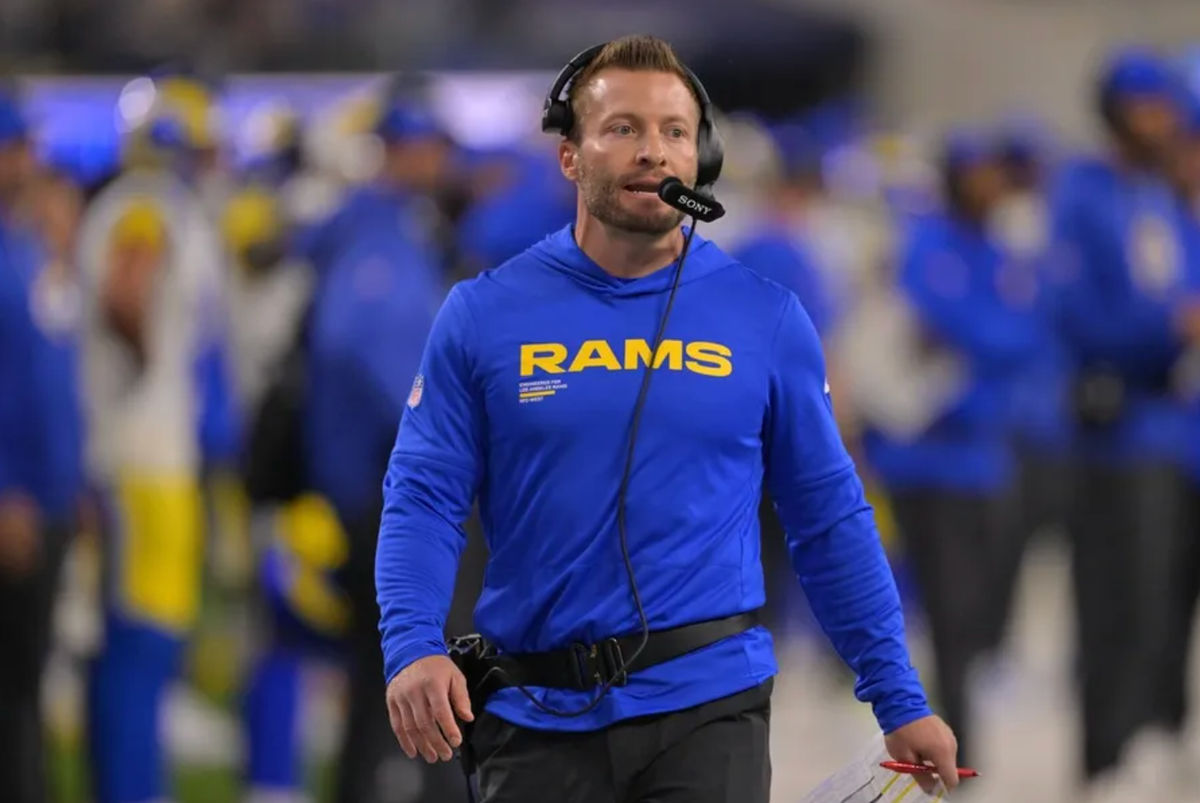 Nov 23, 2025; Inglewood, California, USA; Los Angeles Rams head coach Sean McVay watches game play against the Tampa Bay Buccaneers during the first quarter at SoFi Stadium. Mandatory Credit: Jayne Kamin-Oncea-Imagn Images