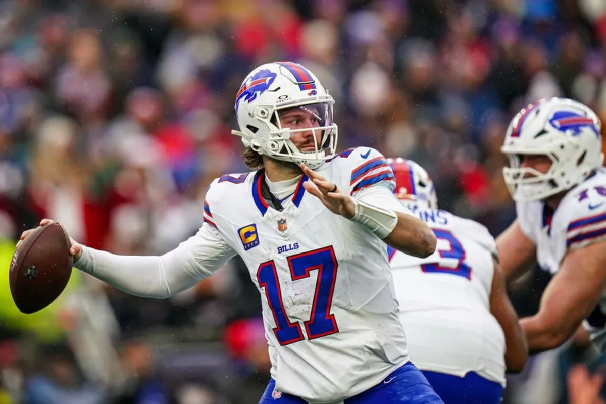 Dec 14, 2025; Foxborough, Massachusetts, USA; Buffalo Bills quarterback Josh Allen (17) passes the ball against the New England Patriots in the second half at Gillette Stadium. Mandatory Credit: David Butler II-Imagn Images