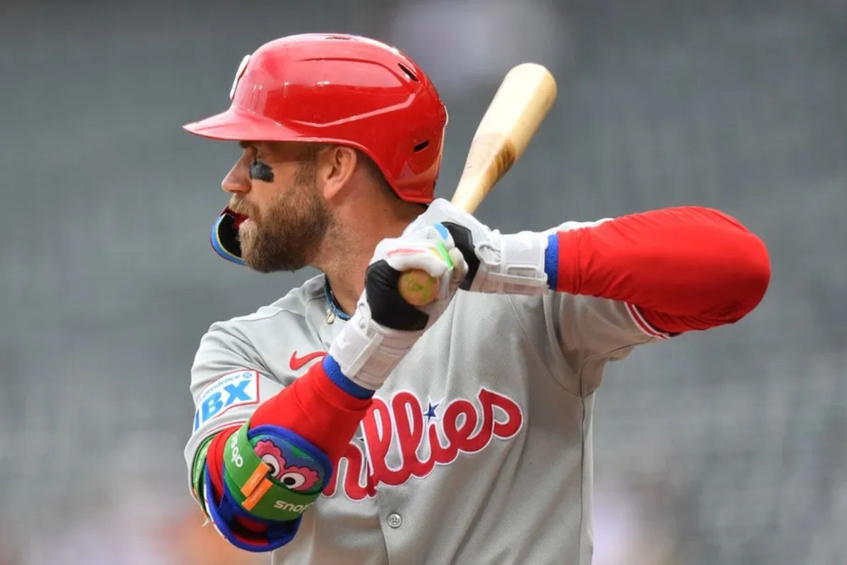 Jul 30, 2025; Chicago, Illinois, USA; Philadelphia Phillies first baseman Bryce Harper (3) at bat during a game against the Chicago White Sox at Rate Field. Mandatory Credit: Patrick Gorski-Imagn Images