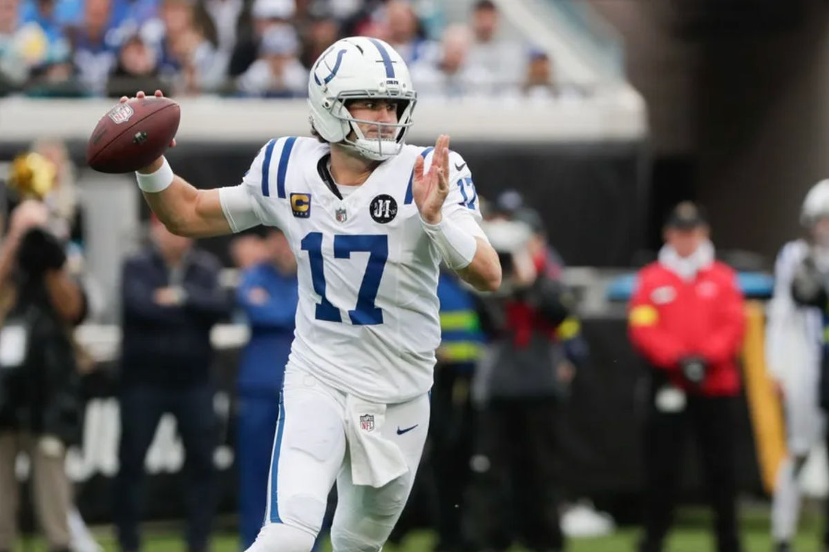 Dec 7, 2025; Jacksonville, Florida, USA; Indianapolis Colts quarterback Daniel Jones (17) looks to throw downfield against the Jacksonville Jaguars during the first half at EverBank Stadium. Mandatory Credit: Travis Register-Imagn Images