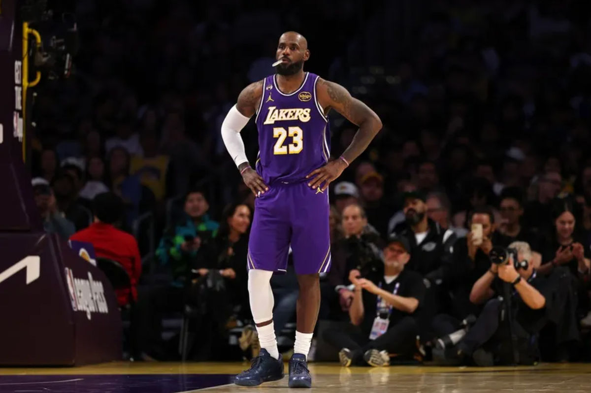 Feb 9, 2026; Los Angeles, California, USA; Los Angeles Lakers forward LeBron James (23) looks on during the second half against the Oklahoma City Thunder at Crypto.com Arena. Mandatory Credit: Kiyoshi Mio-Imagn Images