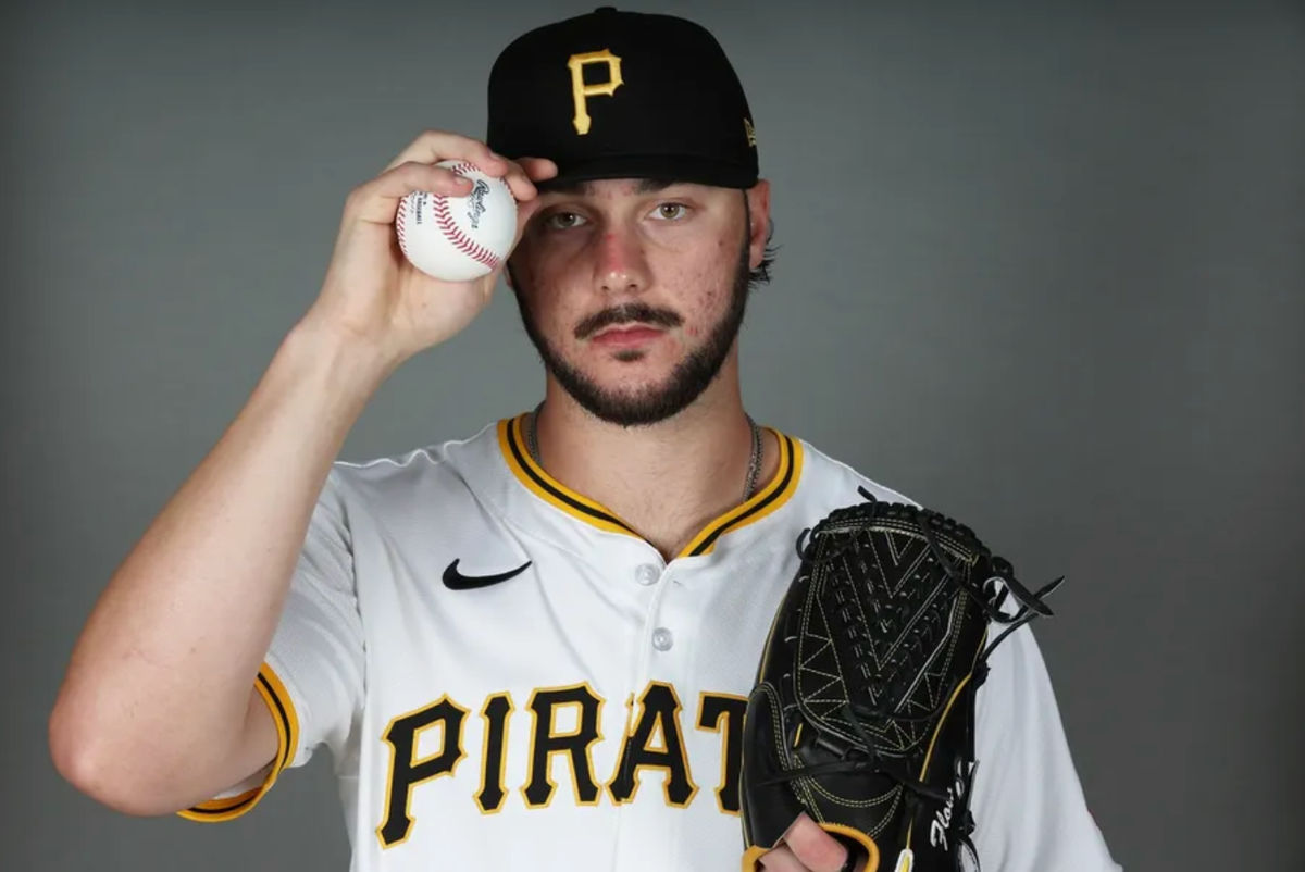 Feb 18, 2025; Bradenton, FL, USA; Pittsburgh Pirates pitcher Paul Skenes (30) poses for a photo during media day at Pirate City. Mandatory Credit: Kim Klement Neitzel-Imagn Images
