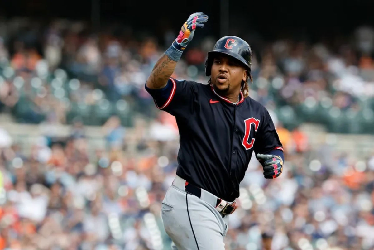Sep 18, 2025; Detroit, Michigan, USA; Cleveland Guardians third base Jose Ramirez (11) celebrates after he hits a two run home run in the seventh inning against the Detroit Tigers at Comerica Park. Mandatory Credit: Rick Osentoski-Imagn Images