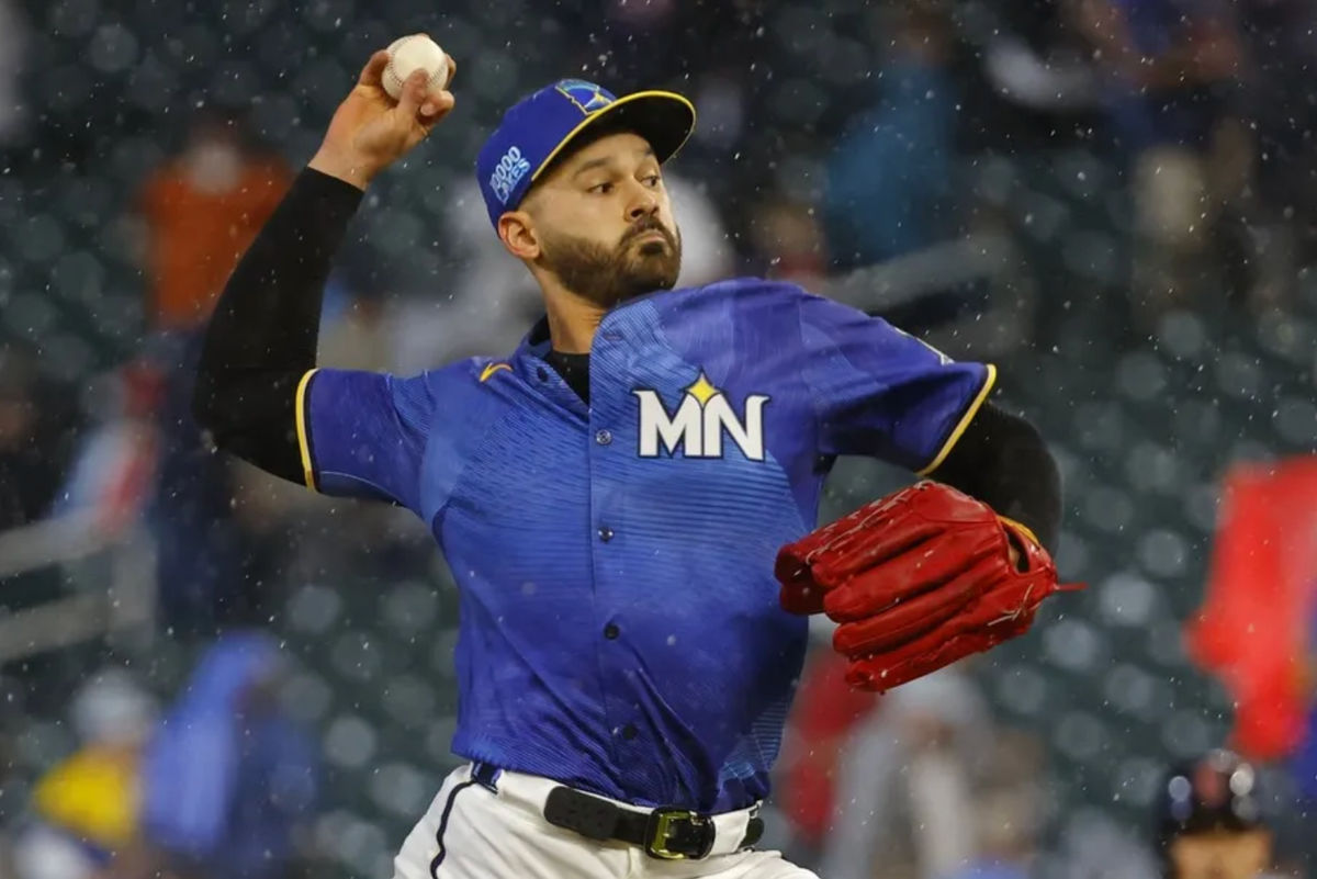 Sep 19, 2025; Minneapolis, Minnesota, USA; Minnesota Twins starting pitcher Pablo Lopez (49) throws to the Cleveland Guardians in the first inning at Target Field. Mandatory Credit: Bruce Kluckhohn-Imagn Images
