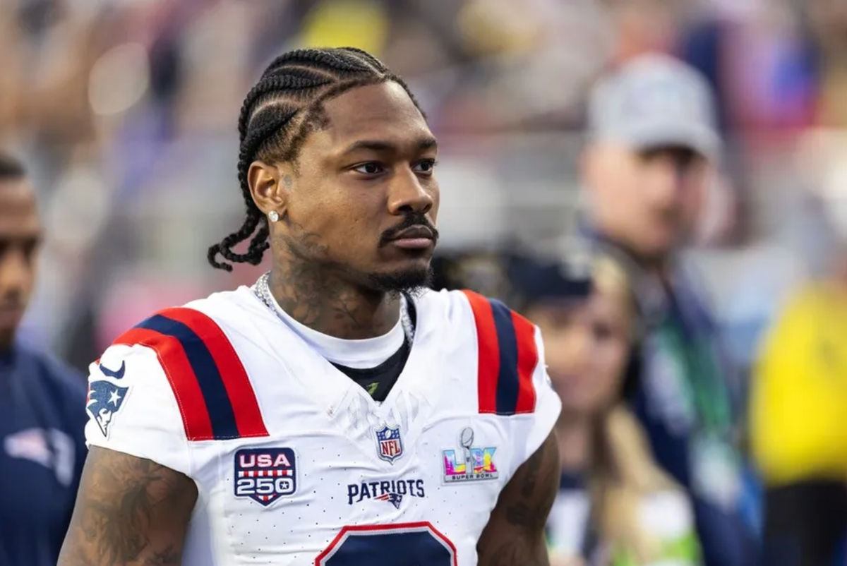 Feb 8, 2026; Santa Clara, CA, USA; New England Patriots wide receiver Stefon Diggs (8) against the Seattle Seahawks during Super Bowl LX at Levi's Stadium. Mandatory Credit: Mark J. Rebilas-Imagn Images