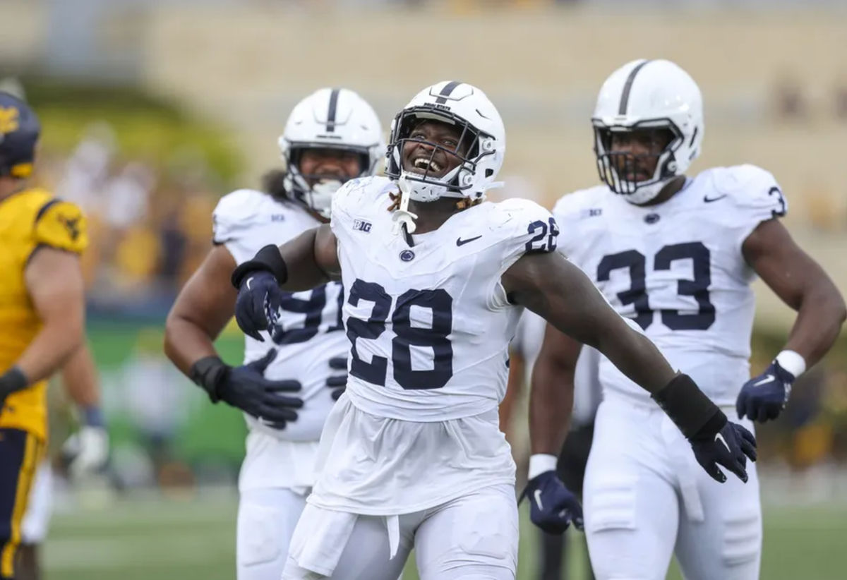 Aug 31, 2024; Morgantown, West Virginia, USA; Penn State Nittany Lions defensive tackle Zane Durant (28) celebrates after a stop during the third quarter against the West Virginia Mountaineers at Mountaineer Field at Milan Puskar Stadium. Mandatory Credit: Ben Queen-USA TODAY Sports