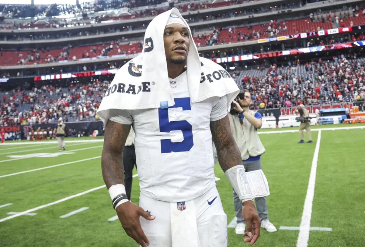 Oct 27, 2024; Houston, Texas, USA; Indianapolis Colts quarterback Anthony Richardson (5) stands on the field after the game against the Houston Texans at NRG Stadium. Mandatory Credit: Troy Taormina-Imagn Images