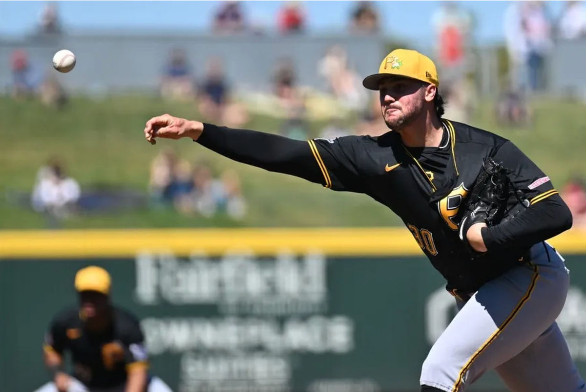 Feb 25, 2026; North Port, Florida, USA; Pittsburgh Pirates starting pitcher Paul Skenes (30) throws a pitch in the second inning against the Atlanta Braves during spring training at CoolToday Park. Mandatory Credit: Jonathan Dyer-Imagn Images
