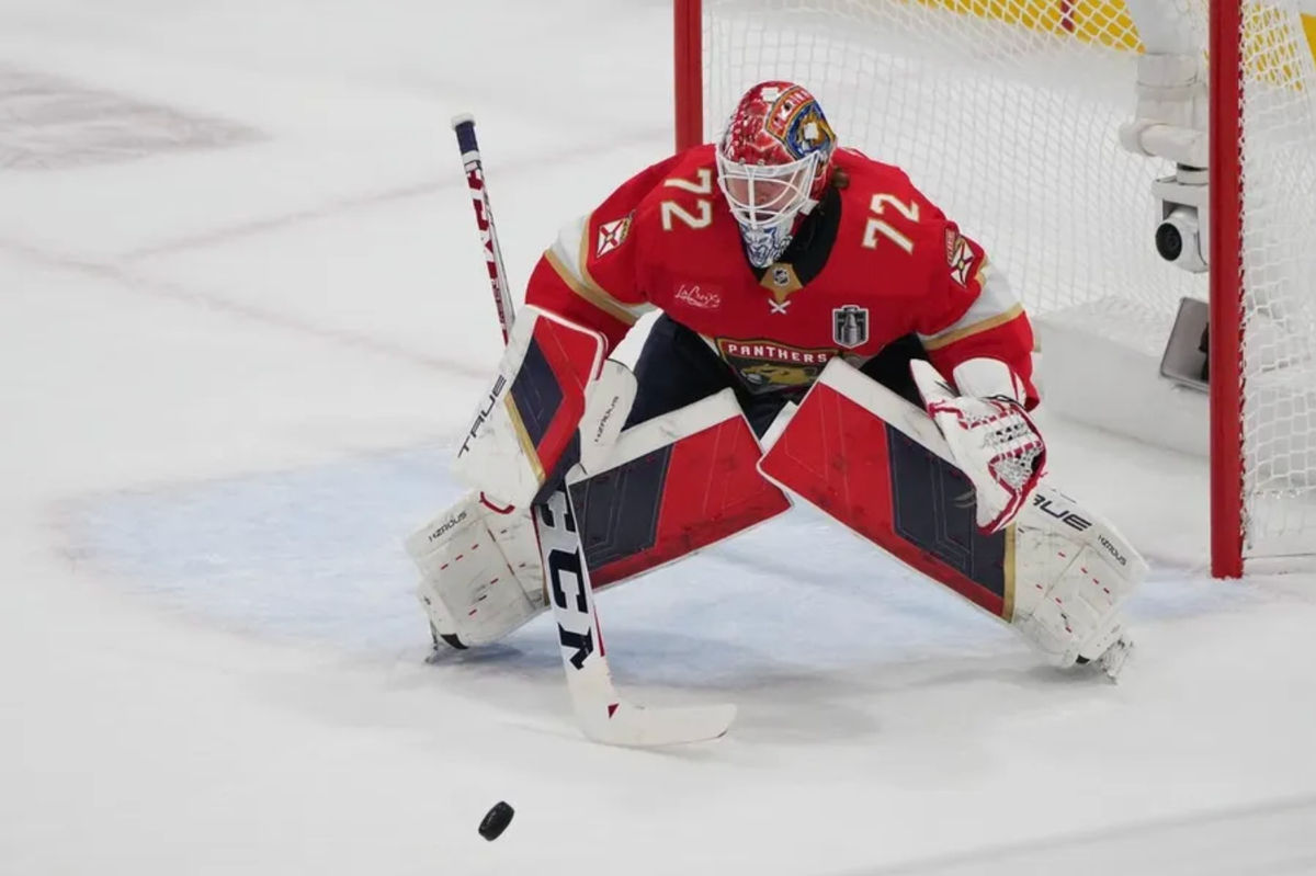 Jun 18, 2024; Sunrise, Florida, USA; Florida Panthers goaltender Sergei Bobrovsky (72) blocks a shot on net during the first period against the Edmonton Oilers in game five of the 2024 Stanley Cup Final at Amerant Bank Arena. Mandatory Credit: Jim Rassol-USA TODAY Sports