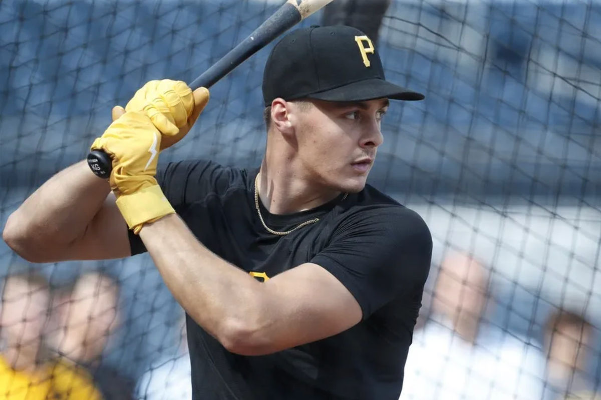 Aug 2, 2024; Pittsburgh, Pennsylvania, USA; Pittsburgh Pirates shortstop Konnor Griffin who was the ninth overall pick in first round of the 2024 First-Year Player Draft in the batting cage before a game against the Arizona Diamondbacks at PNC Park. Mandatory Credit: Charles LeClaire-Imagn Images