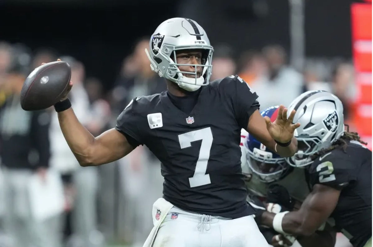 Dec 28, 2025; Paradise, Nevada, USA; Las Vegas Raiders quarterback Geno Smith (7) throws in the third quarter against the New York Giants at Allegiant Stadium. Mandatory Credit: Kirby Lee-Imagn Images