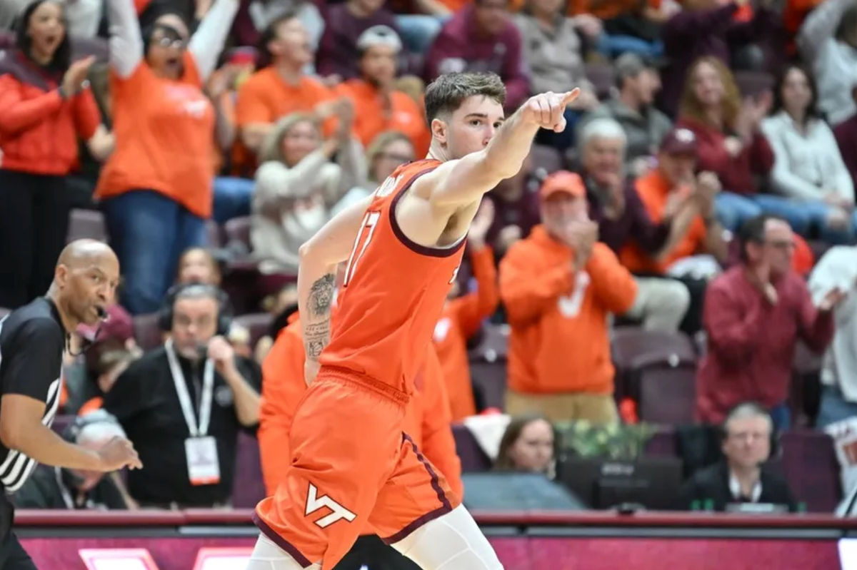 Feb 21, 2026; Blacksburg, Virginia, USA; Virginia Tech Hokies guard Neoklis Avdalas (17) points to the fans after dunking the ball against the Wake Forest Demon Deacons during the second half at Cassell Coliseum. Mandatory Credit: Brian Bishop-Imagn Images