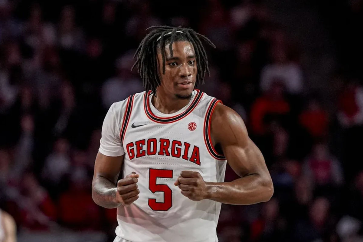 Jan 3, 2026; Athens, Georgia, USA; Georgia Bulldogs guard Jeremiah Wilkinson (5) reacts after a play against the Auburn Tigers during the first half at Stegeman Coliseum. Mandatory Credit: Dale Zanine-Imagn Images