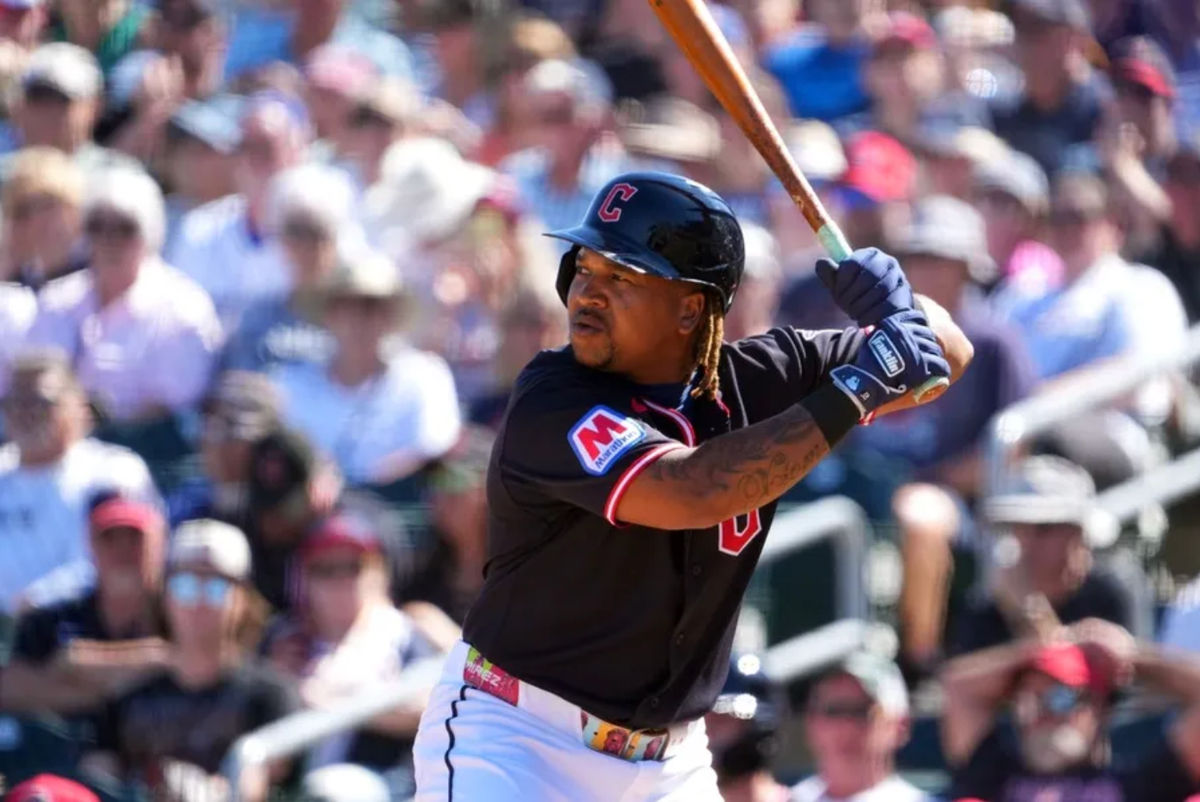 Mar 3, 2026; Goodyear, Arizona, USA; Cleveland Guardians third baseman Jose Ramirez (11) bats during the second inning against the Los Angeles Dodgers at Goodyear Ballpark. Mandatory Credit: Joe Camporeale-Imagn Images