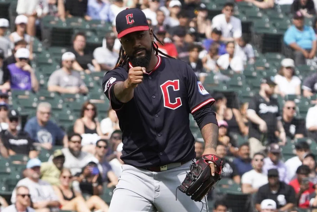 Jul 13, 2025; Chicago, Illinois, USA; Cleveland Guardians pitcher Emmanuel Clase (48) celebrates after getting the final out against the Chicago White Sox during the tenth inning at Rate Field. Mandatory Credit: David Banks-Imagn Images