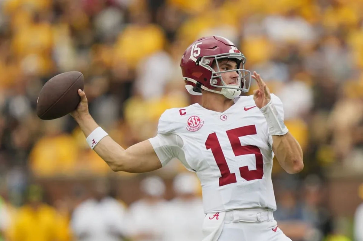 Oct 11, 2025; Columbia, Missouri, USA; Alabama Crimson Tide quarterback Ty Simpson (15) throws against the Missouri Tigers during the first half of the game at Faurot Field at Memorial Stadium. Mandatory Credit: Jay Biggerstaff-Imagn Images