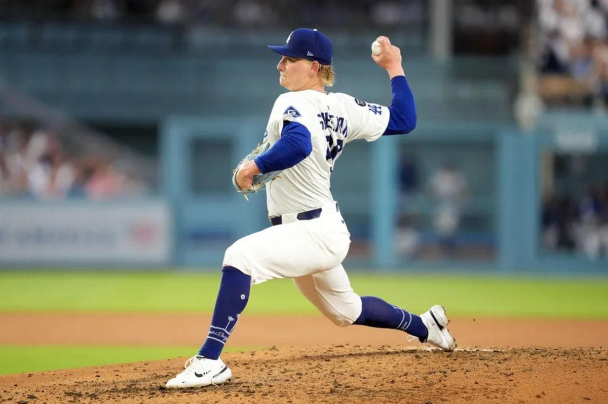 Jun 18, 2025; Los Angeles, California, USA; Los Angeles Dodgers pitcher Emmet Sheehan (80) throws in the fourth inning against the San Diego Padres at Dodger Stadium. Mandatory Credit: Kirby Lee-Imagn Images