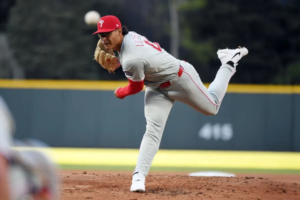 Apr 4, 2026; Denver, Colorado, USA; Philadelphia Phillies pitcher Jesus Luzardo (44) pitches during the first inning against the Colorado Rockies at Coors Field. Mandatory Credit: Christopher Hanewinckel-Imagn Images