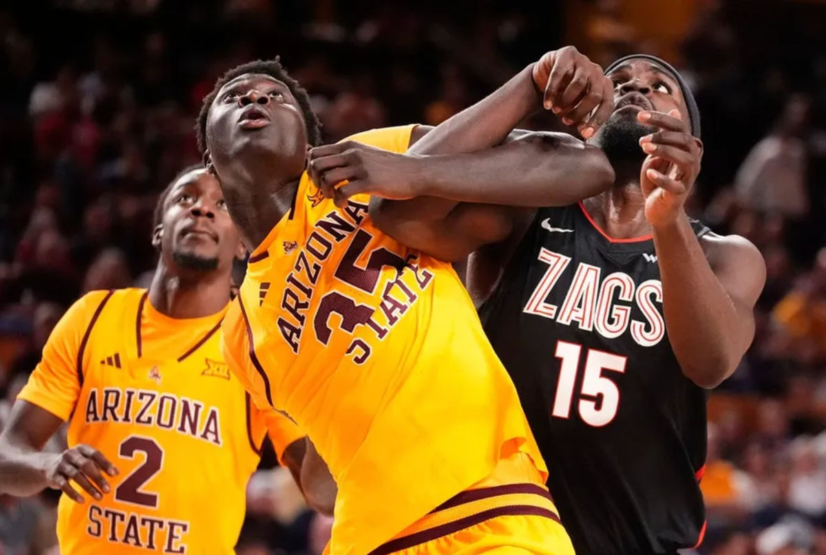 Arizona State Sun Devils center Massamba Diop (35) battles for position with Gonzaga Bulldogs forward Graham Ike (15) on Nov. 14, 2025, at Desert Financial Arena in Tempe.