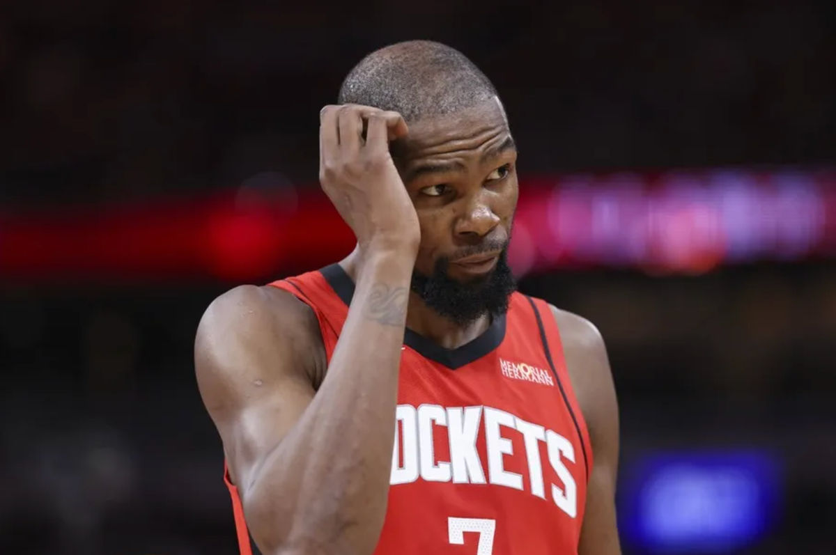 Oct 24, 2025; Houston, Texas, USA; Houston Rockets forward Kevin Durant (7) reacts after a play during the third quarter against the Detroit Pistons at Toyota Center. Mandatory Credit: Troy Taormina-Imagn Images