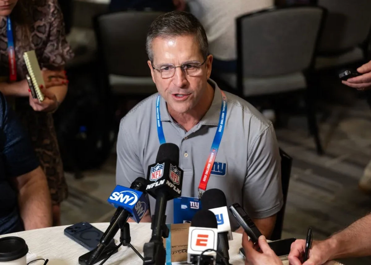 Mar 30, 2026; Phoenix, AZ, USA; New York Giants head coach John Harbaugh during the 2026 NFL Annual League Meeting at the Arizona Biltmore. Mandatory Credit: Mark J. Rebilas-Imagn Images