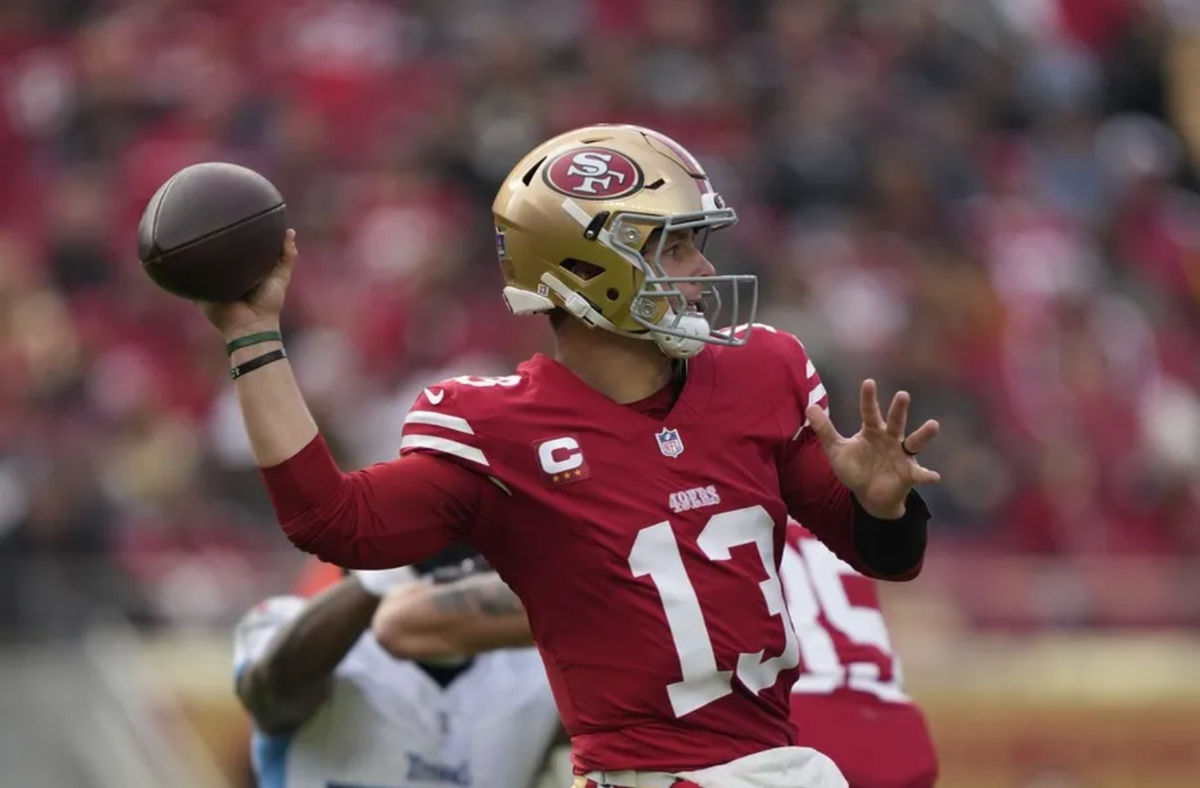 Dec 14, 2025; Santa Clara, California, USA; San Francisco 49ers quarterback Brock Purdy (13) prepares to pass the ball during the first quarter against the Tennessee Titans at Levi's Stadium. Mandatory Credit: Kyle Terada-Imagn Images