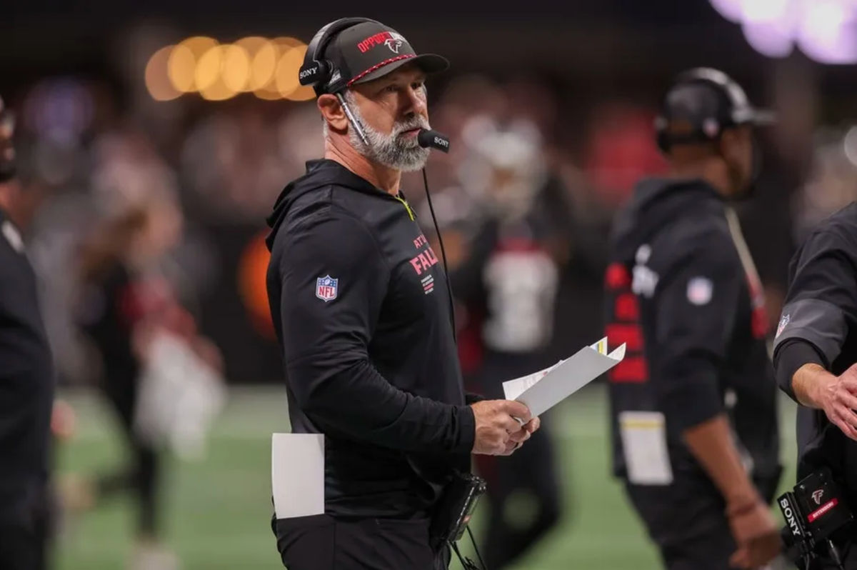 Jan 4, 2026; Atlanta, Georgia, USA; Atlanta Falcons defensive coordinator Jeff Ulbrich on the sideline against the New Orleans Saints in the first quarter at Mercedes-Benz Stadium. Mandatory Credit: Brett Davis-Imagn Images