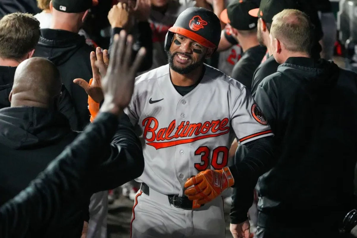 Apr 20, 2026; Kansas City, Missouri, USA; Baltimore Orioles center fielder Leody Taveras (30) celebrates with team mates after hitting a grand slam in the twelfth inning against the Kansas City Royals at Kauffman Stadium. Mandatory Credit: Denny Medley-Imagn Images