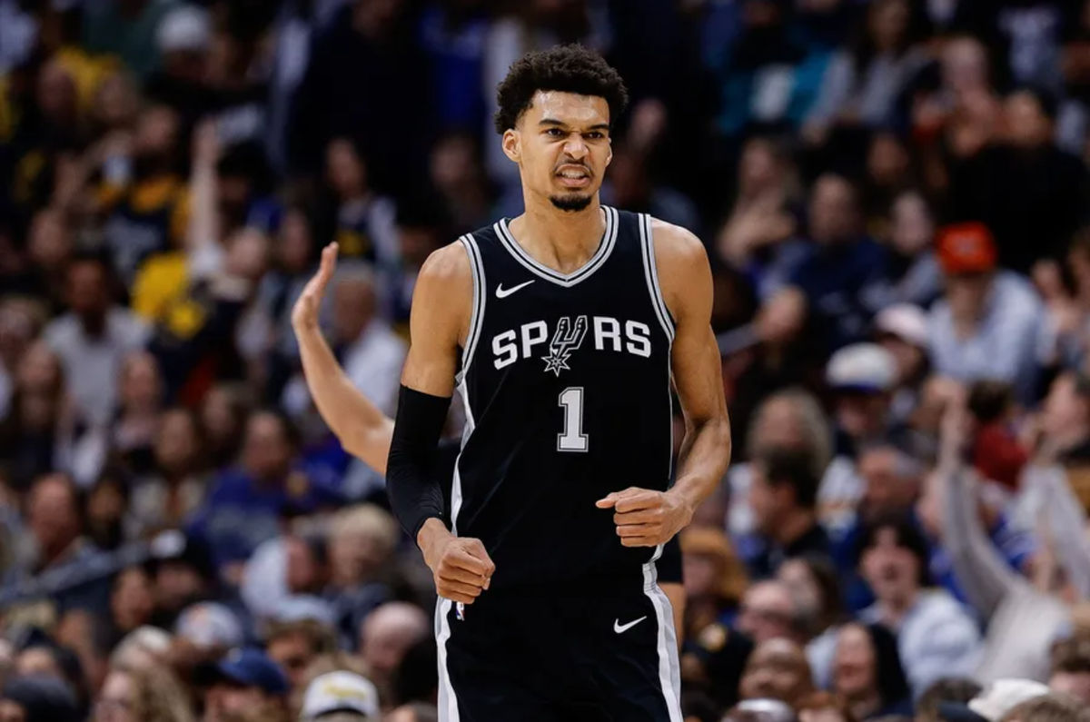 Jan 3, 2025; Denver, Colorado, USA; San Antonio Spurs center Victor Wembanyama (1) reacts after a play in the fourth quarter against the Denver Nuggets at Ball Arena. Mandatory Credit: Isaiah J. Downing-Imagn Images