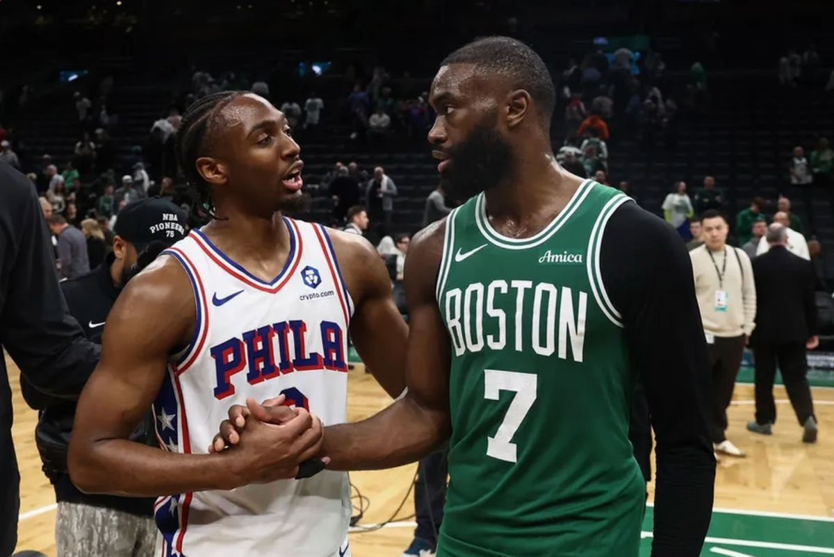 May 2, 2026; Boston, Massachusetts, USA; Philadelphia 76ers guard Tyrese Maxey (0) talks with Boston Celtics guard Jaylen Brown (7)after Philadephia’s win in game seven of the first round of the 2026 NBA Playoffs at TD Garden. Mandatory Credit: Winslow Townson-Imagn Images
