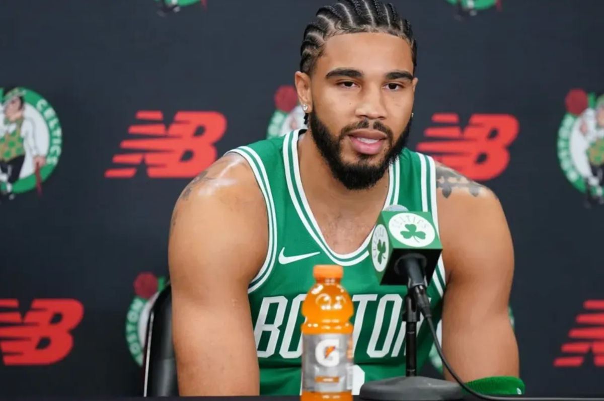 Sep 29, 2025; Boston, MA, USA;Boston Celtics forward Jayson Tatum (0) talks with reporters during media day at the Auerbach Center. Mandatory Credit: David Butler II-Imagn Images