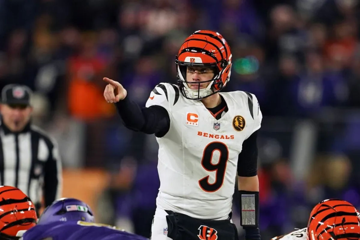 Nov 27, 2025; Baltimore, Maryland, USA; Cincinnati Bengals quarterback Joe Burrow (9) reacts against the Baltimore Ravens during the second half at M&amp;T Bank Stadium. Mandatory Credit: Mitch Stringer-Imagn Images