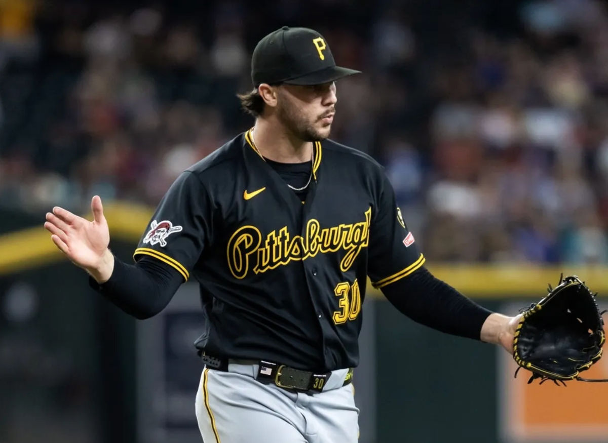 May 6, 2026; Phoenix, Arizona, USA; Pittsburgh Pirates pitcher Paul Skenes reacts after the eighth inning against the Arizona Diamondbacks at Chase Field. Mandatory Credit: Mark J. Rebilas-Imagn Images