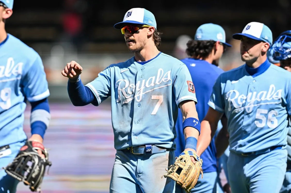 Jun 6, 2026; Minneapolis, Minnesota, USA; Kansas City Royals shortstop Bobby Witt Jr. (7) reacts with teammates after the game against the Minnesota Twins at Target Field. Mandatory Credit: Jeffrey Becker-Imagn Images
