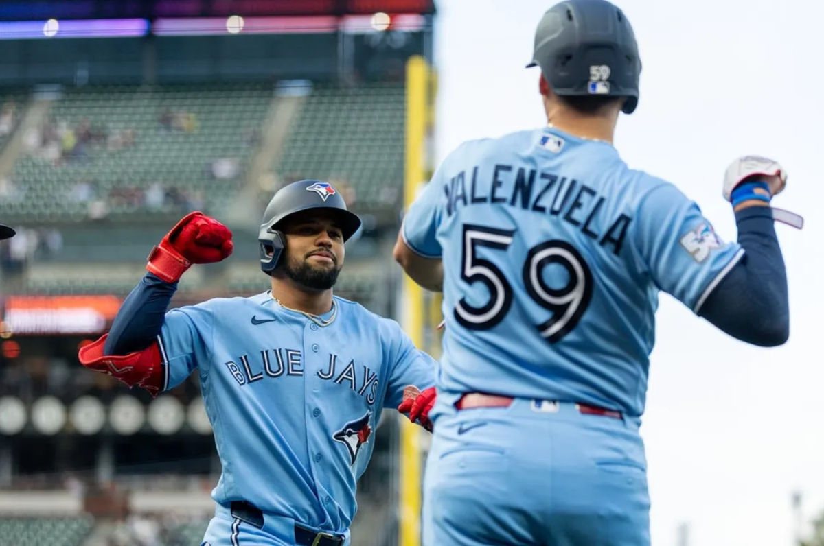 Jul 7, 2026; San Francisco, California, USA; Toronto Blue Jays left fielder Jonatan Clase (8) celebrates his home run during the second inning against the San Francisco Giants at Oracle Park. Mandatory Credit: Bob Kupbens-Imagn Images