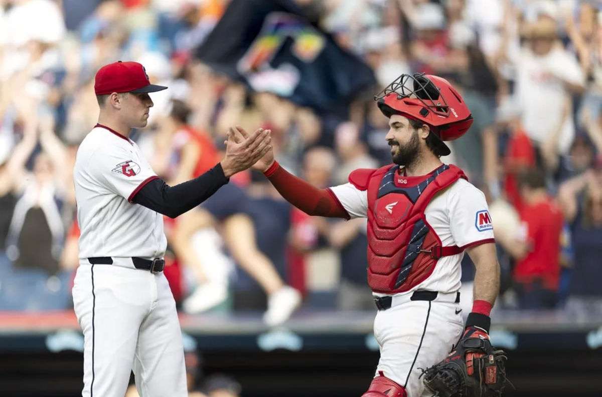Jun 13, 2026; Cleveland, Ohio, USA; Cleveland Guardians pitcher Cade Smith (36) and catcher Austin Hedges (27) slap hands following the win against the Detroit Tigers at Progressive Field. Mandatory Credit: Scott Galvin-Imagn Images