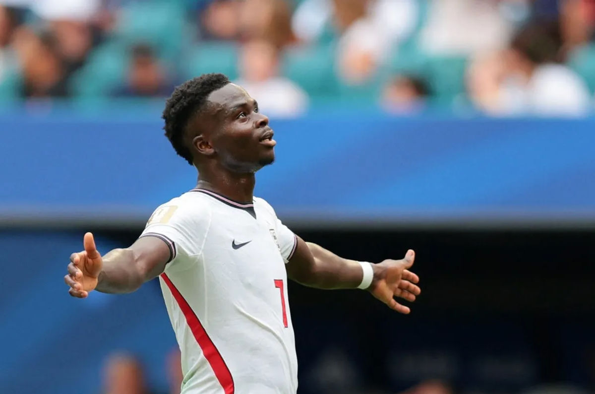 July 18, 2026; Miami Gardens, Florida, U.S.; England's Bukayo Saka celebrates scoring their third goal. Mandatory Credit: Sam Navarro-Imagn Images