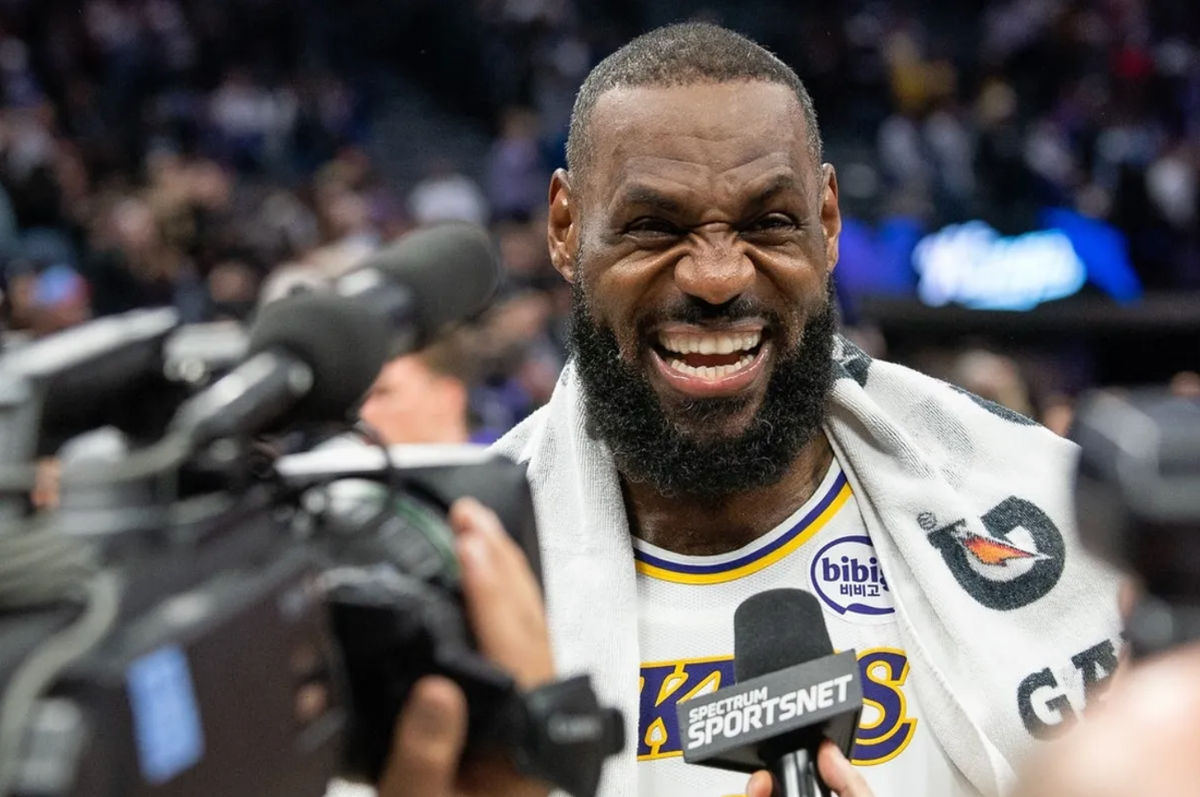 Dec 21, 2024; Sacramento, California, USA; Los Angeles Lakers forward LeBron James (23) reacts to a question during a post game interview after the game against the Sacramento Kings at Golden 1 Center. Mandatory Credit: Ed Szczepanski-Imagn Images